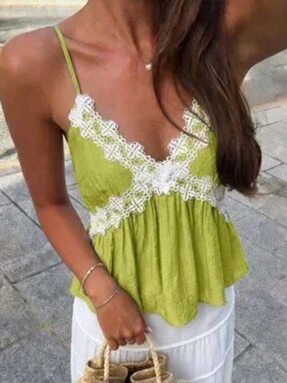 Green Boho Women's Casual Vacation Beach Lace Trim Camisole Top